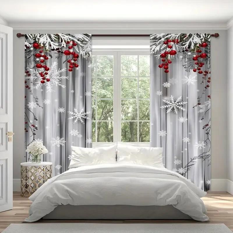 Set Of 2 Jit Snowflake Berries Printing Curtain Polyester Drapes Winter Christmas Window Decor Home Dec With Rod Pocket Blackout