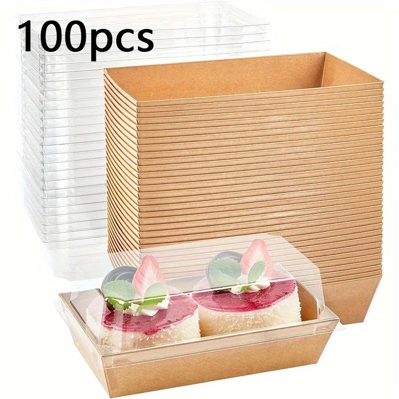 100pcs Baking Rectangular Paper Plastic Box, Towel Roll Cake Sandwich, Meat Floss, Scallop, Baking Box for Cakes