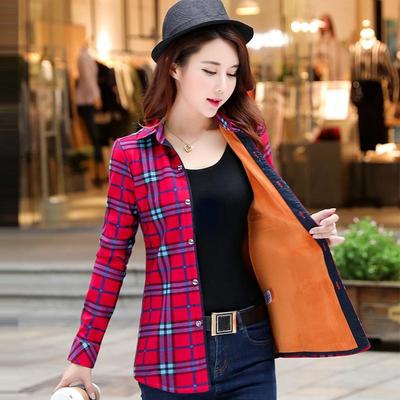 Women's Fall and Winter Padded Thickened Warm Jacket Long-sleeved Plaid Shirt
