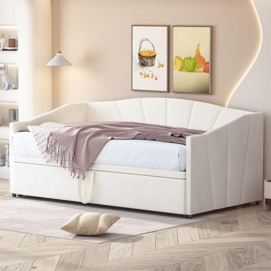 Upholstered Bed Extendable Sofa Bed 90/180x200cm with Slatted Frame, Multifunctional Bed Made of Skin-Friendly Velvet Fabric