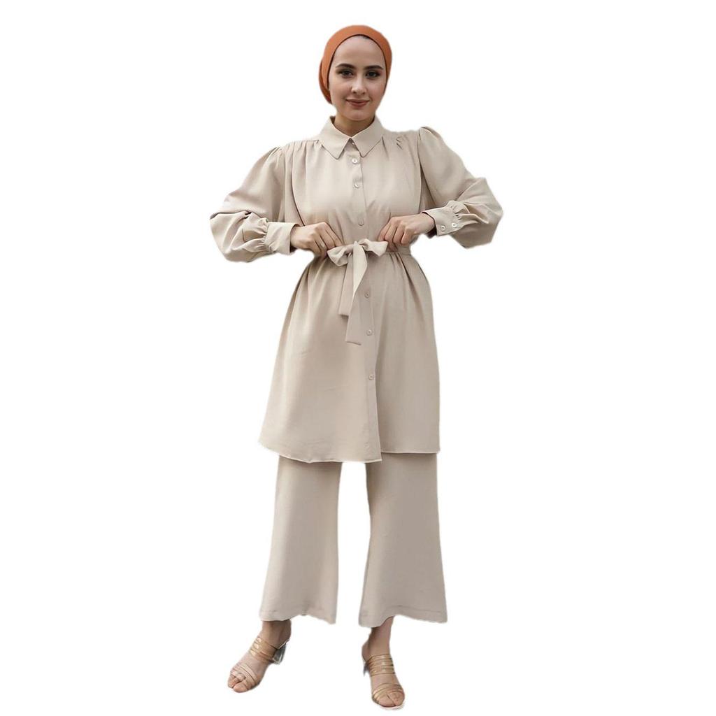 Elegant Middle Eastern Style Autumn/Winter 2024 Long-Sleeve Shirt and Trousers Set for Arab Muslim Women