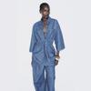 Women's Early Autumn Denim Set: Turn-Down Collar Tie-Waist Shirt & Draping Wide-Leg Pants