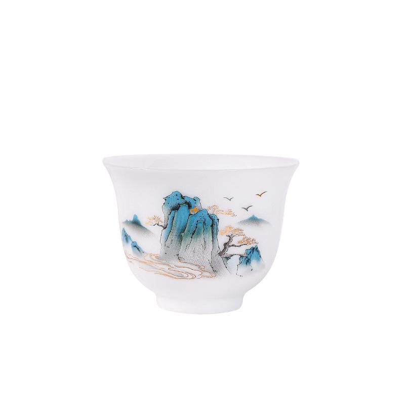 Hand-Painted Ceramic Ice-Style Teacup, Mutton Fat Jade Finish, Landscape Design, Kung Fu Tea Set.