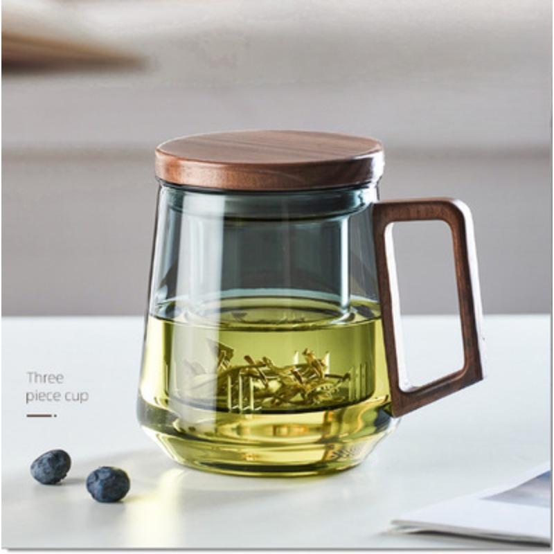 Grünes mattes Glas Herren Lingkong Dreiteiliger Becher Seitenholzglas Tee Wasser Trennung Blumen-Teetasse Büro Zubereitungstasse 300-525ml black