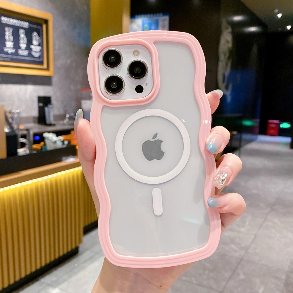 Cute Transparent Magnetic Phone Case For iPhone 16 15 14 13 12 11 Pro Max 15 16 Plus For Magsafe Charge Wave Frame Protect Cover