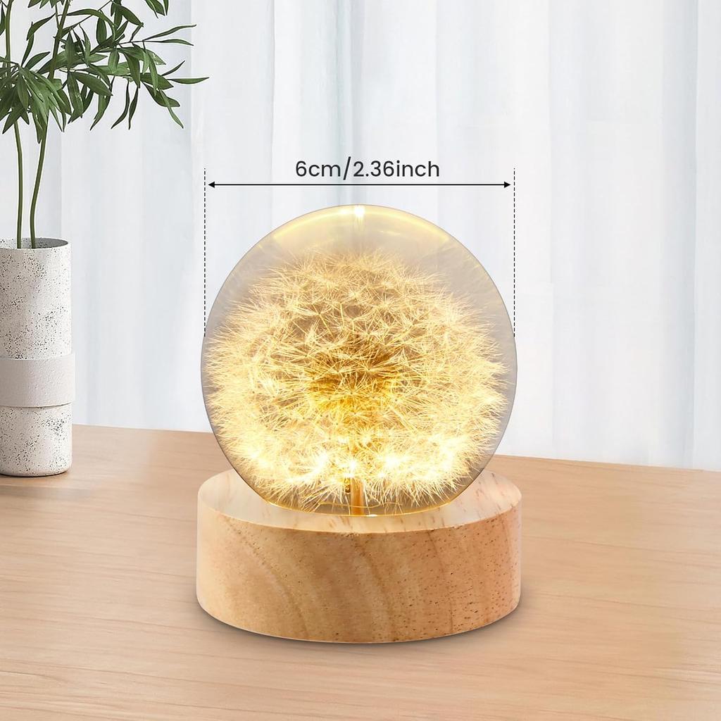 Crystal Dandelion Ball Night Light with Wooden Base USB Powered Dandelion Crystal Ball Night Lamp Fancy 3D LED Night Light Portable Night Lamp