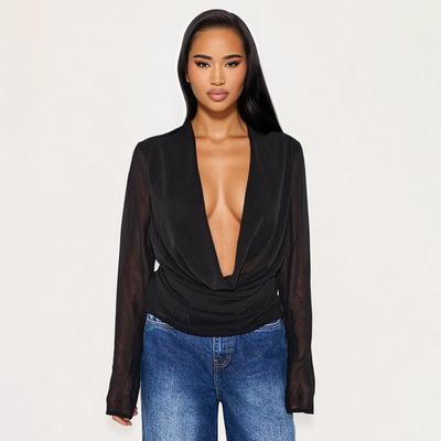 J25TP327 Women's Deep V Chiffon Long Sleeve Top with Flowing Collar and Scarf