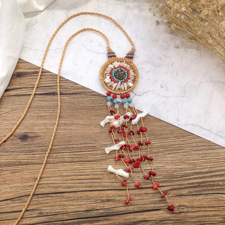 

Handmade Bohemian Vintage Natural Gravel Fringed Woven Necklace Versatile Long Sweater Chain Accessories