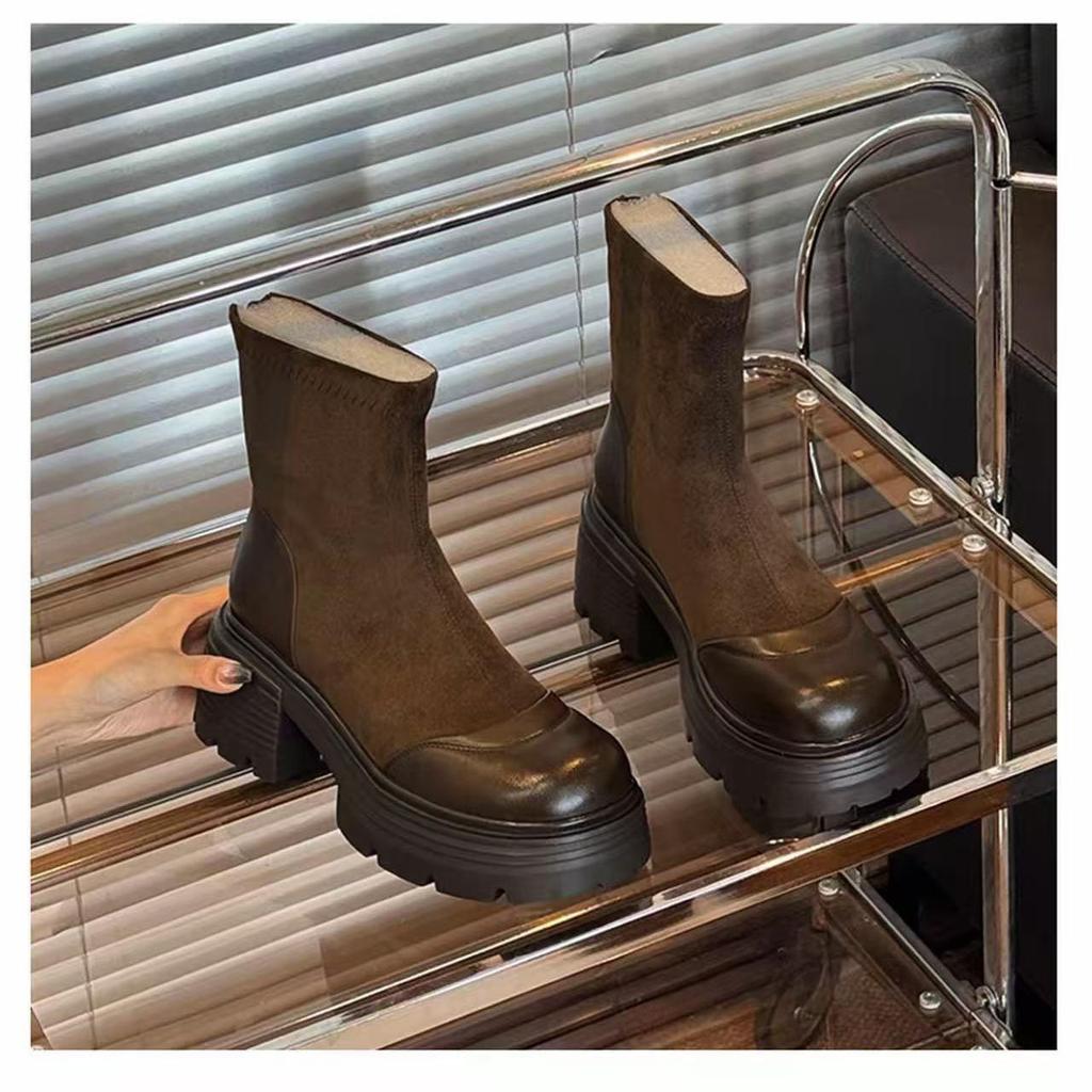 Medium boots 2025 autumn and winter new elastic thin boots thick heel boots fashionable versatile thick-soled British style medium heel women's boots