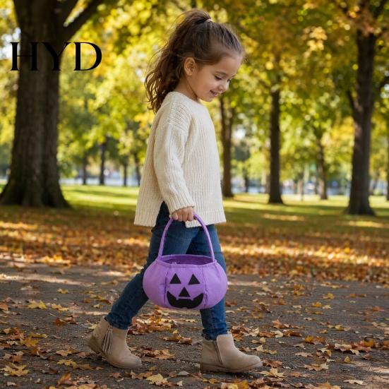 Halloween Decoration Pumpkin Candy Bag for Kids, Reusable Non-Woven Trick or Treat Bucket, Party Decorations Face Snack Holder Basket with Handle