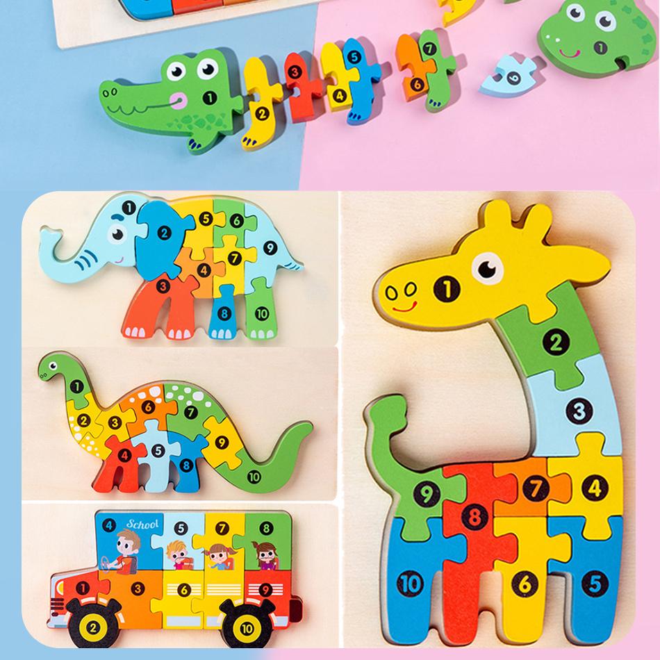 Wooden Number Animal 3D Puzzle Educational Toy for Toddlers Kids Counting Learning Fine Motor Skills Jigsaw Safe Non Toxic