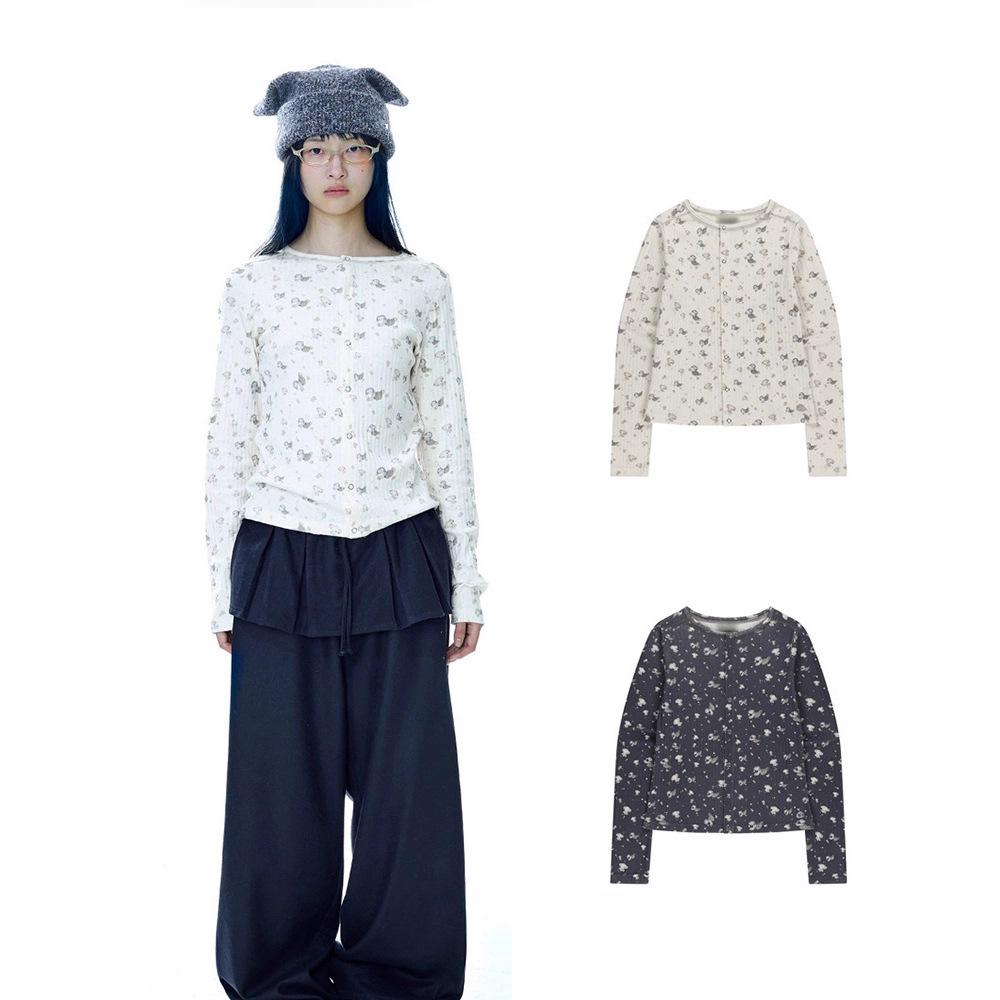 

Women s Ditsy Floral Slim Long-Sleeve Round Neck Cardigan 2025 Autumn Korean Style One Size темно-синього кольору
