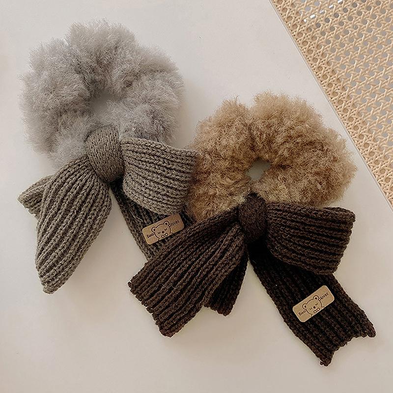 Cute Bow Rubber Band Lamb Wool Bowel Hair Rings Knitted Wool Plush Ponytail Hair Tie Headwear Scrunchies Girls Hair Accessories