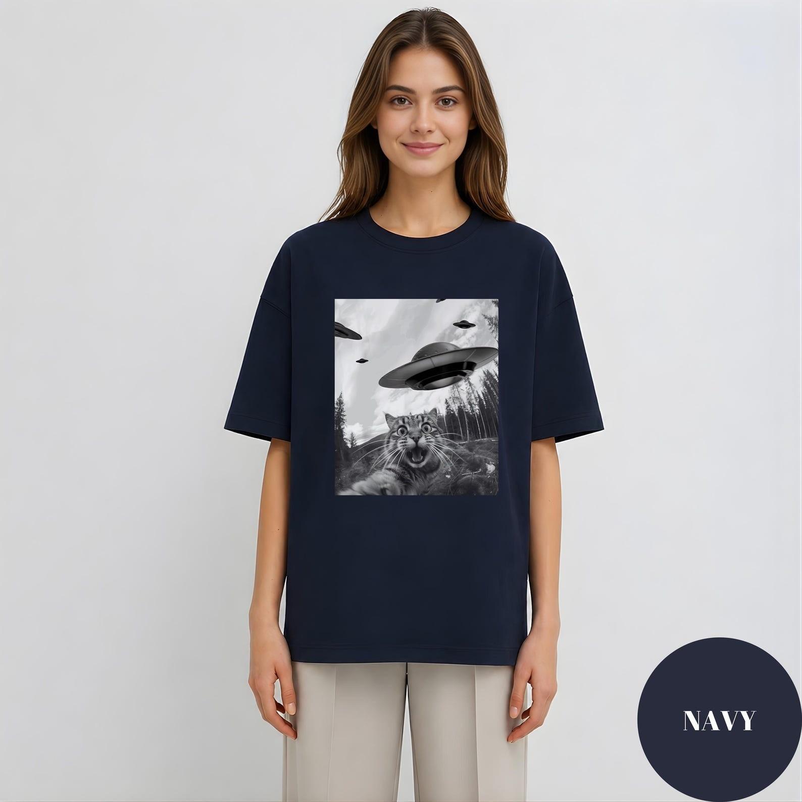 UFO Cat Selfie T Shirt Alien Cat Lover Graphic Tee Funny Pet Humor Unisex Appare L