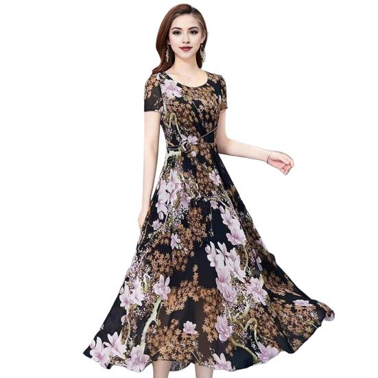 Letnia sukienka damska kwiatowy Print linia A duży brzeg wysoka talia krótkie rękawy wokół szyi plisowana długość do połowy łydki formalna impreza dojazdowa sukienka Midi