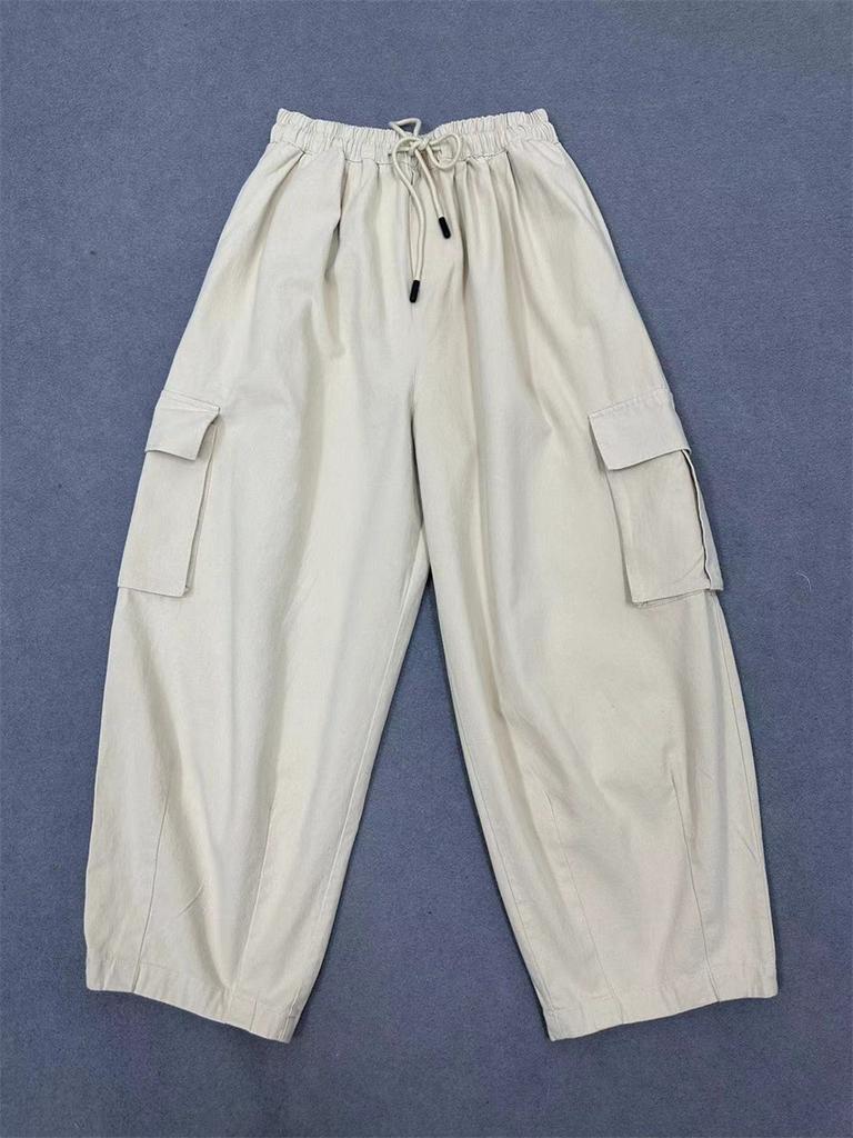 Johnature Spring Minimalist Classic Solid Color Drawstring Elastic High Waisted Casual Pants Women Workwear Pockets Harlan Pants