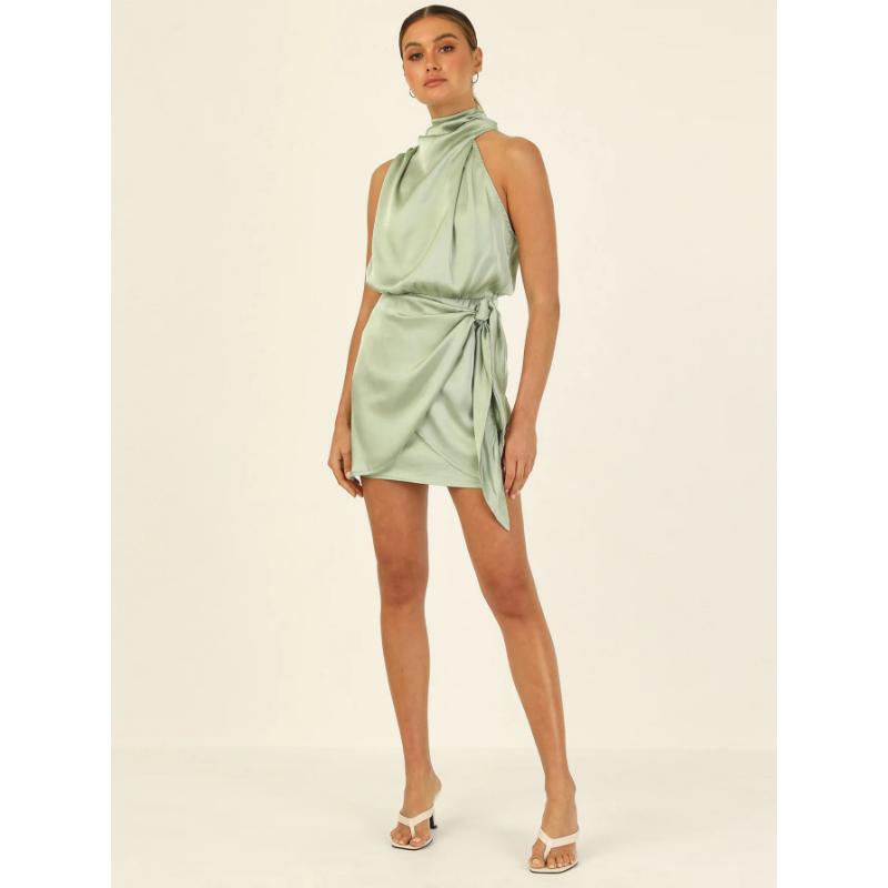 Women's Spring Summer Formal Satin Mini Dress High Neck Sleeveless Knot Waist Cocktail Party Bodycon Dress