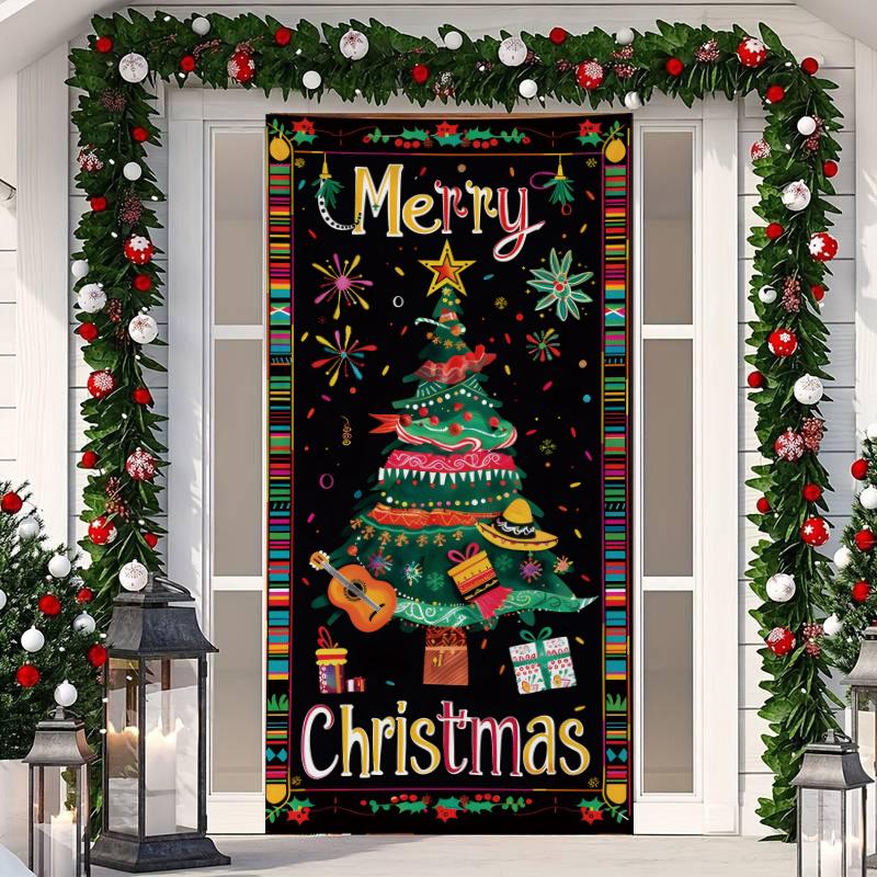 1 ks Veselé Vánoce Kryt na dveře Banner Polyester Vzor Santa Clause pro Štědrý večer Novoroční sváteční párty Vchodové dveře Domácí nástěnná dekorace