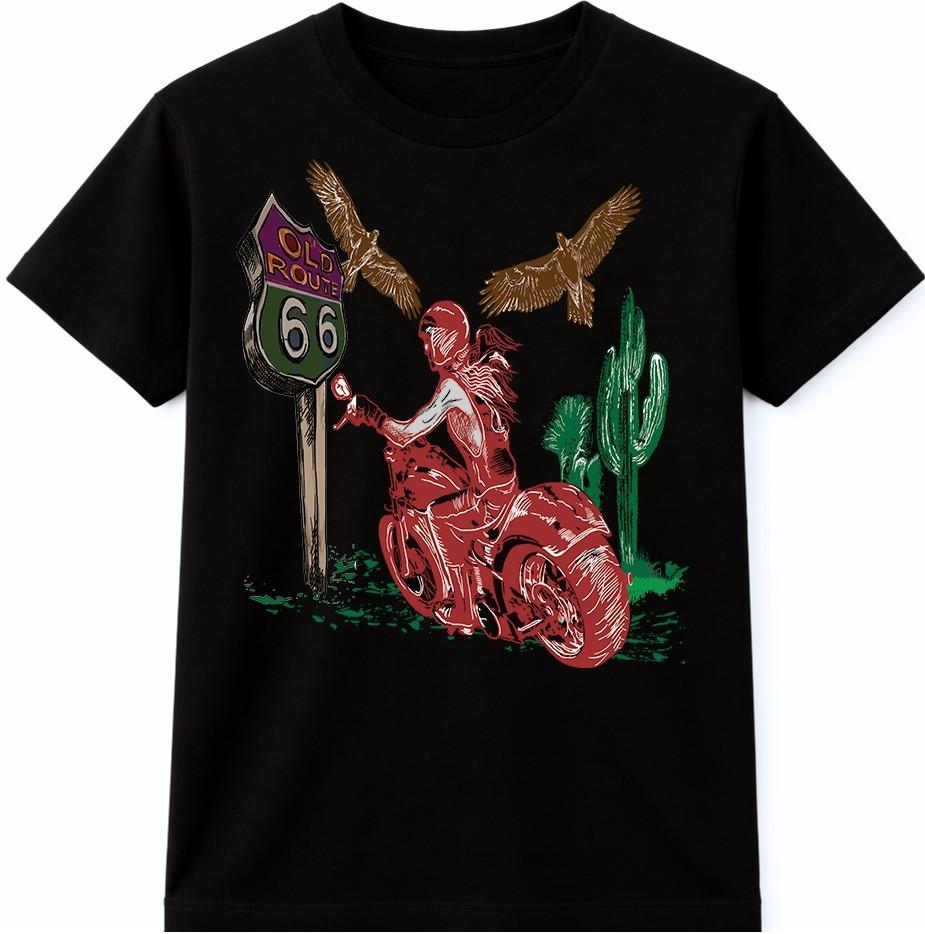 Route 66 Biker T-Shirt Motorcycle Rider Desert Road Trip Graphic Tee S