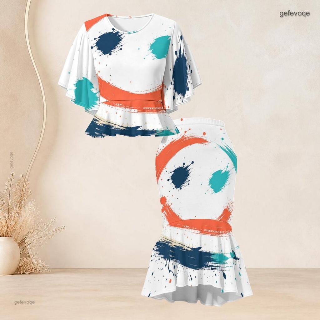 Women Plus Size Abstract Printed Round Neck Batwing Sleeve Ruffle Hem Top Fishtail Skirt Two Piece Set