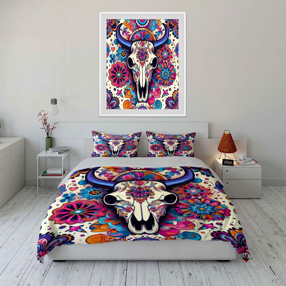 Colorful Bull Skull Design. Bedding Sets Duvet Cover Sets Duvet Covers Pillowcases(1 * Duvet Cover 2 * Pillowcases Without Duvet Insert)