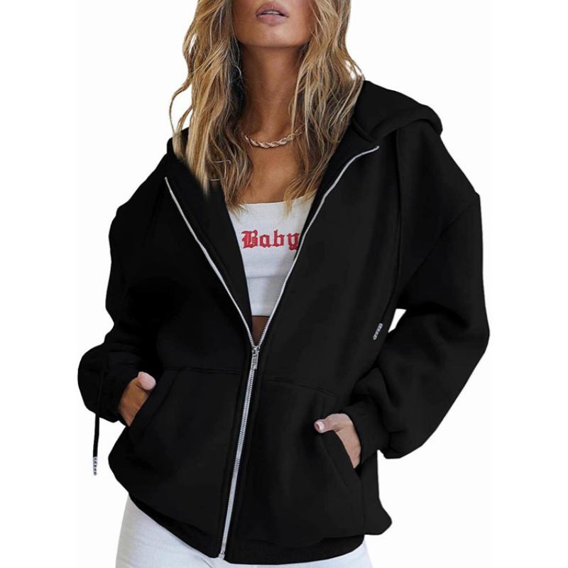 Damen Kordelzug Reißverschluss Niedliche Hoodies Herbstjacke Übergroß Lässige Sweatshirts mit Tasche