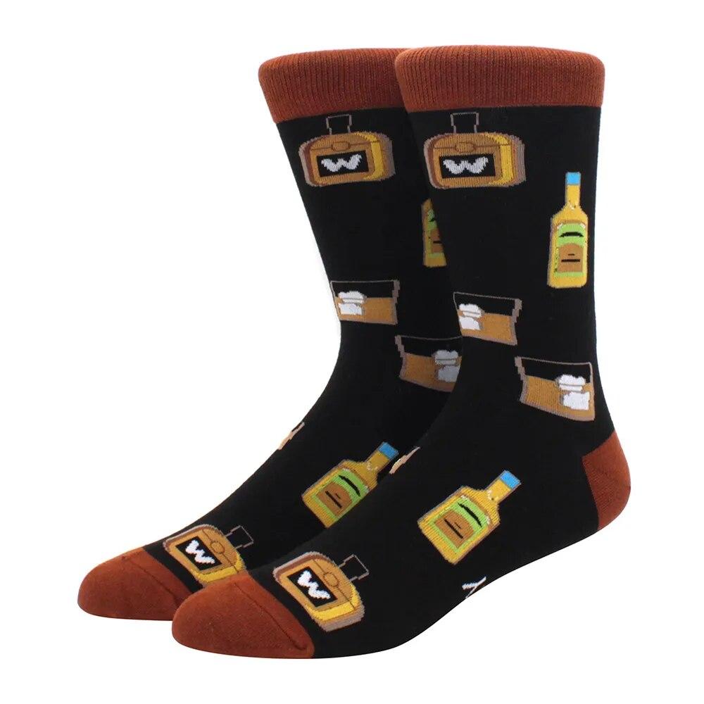 1 Pair Men's Fun Hip Hop Skateboard Beer Happy Art Print Mid Socks, EU38-46