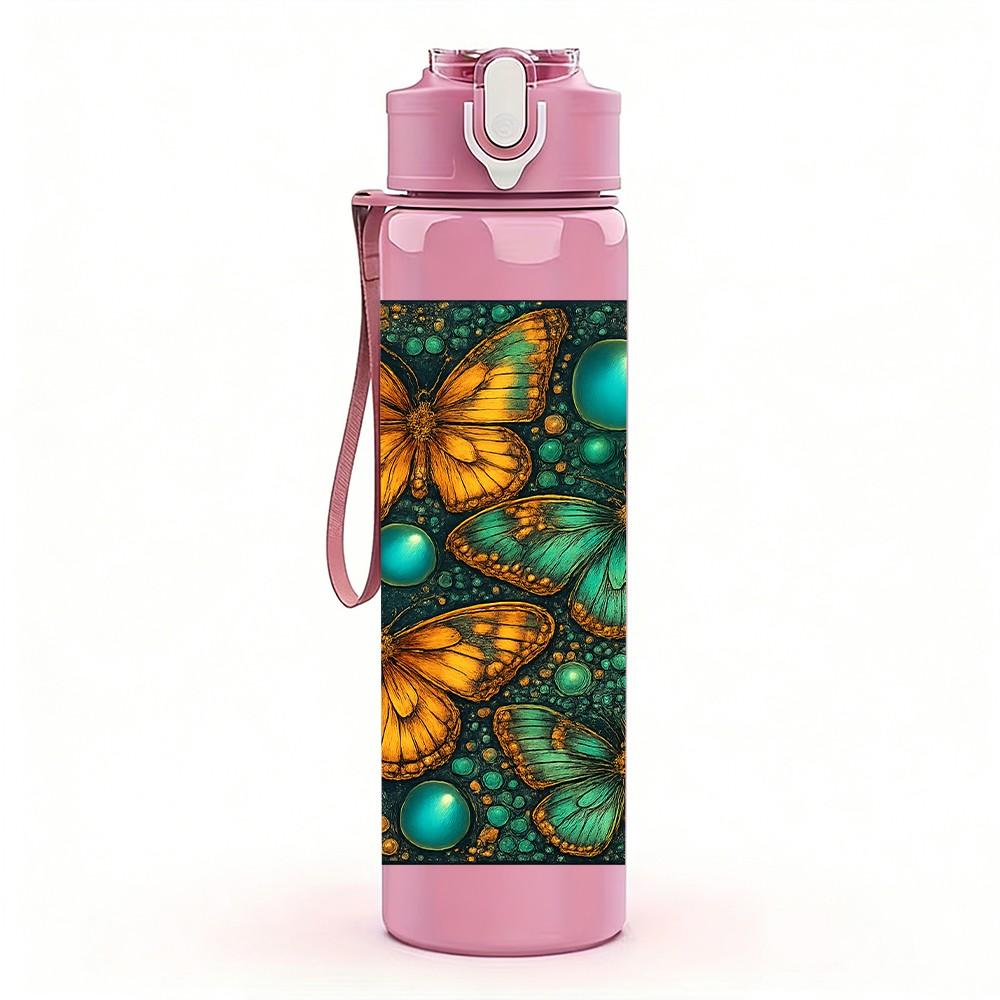 1PC Teal Gemstone Pattern Art 750ml Color Plastic Sports Water Bottle Leakproof Flip Straw Lid Suitable for Sports Office Home Use