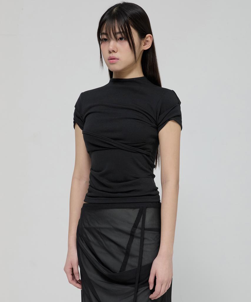 Peulleeoeob Asymmetrical Draped Mock Neck T-Shirt (Fl-126_Black)