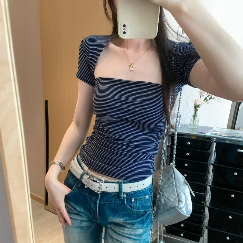 In Stock: Hot Girl Sexy Striped Wide Neck Ruched Cropped T-shirt, Summer 2026 New Arrival