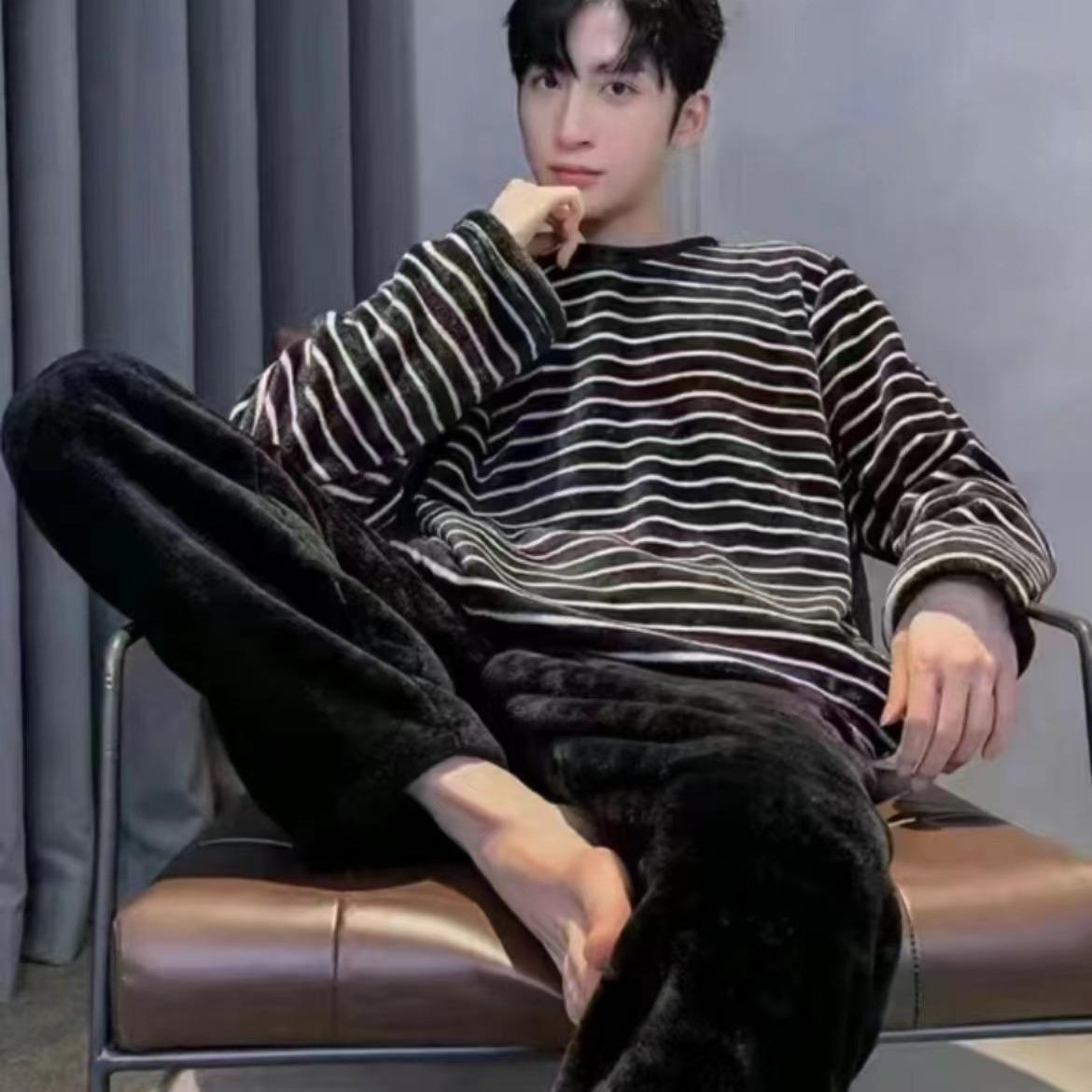 

Мужская флисовая фланелевая пижама кораллового цвета — теплая одежда для сна с длинными рукавами для зимы, весны и осени. Удобная домашняя одежда для отдыха. Double Extra Large чёрный