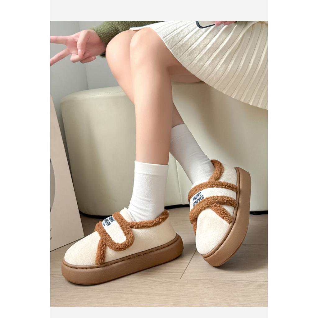 Cotton Slippers for Women To Wear Outdoors In Winter, Indoor Home with Thick Soles and Plush Insulation Bag and Velcro Cotton Shoes
