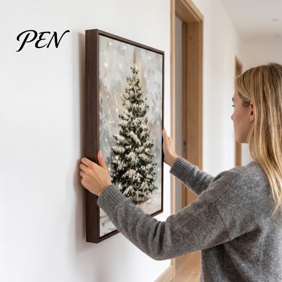 Decorative Christmas Tree Painting Wall Art, Light Up Snowy Pine Artwork, Rustic Framed Gift for Bedroom Office Canvas Art Farmhouse Home Kitchen