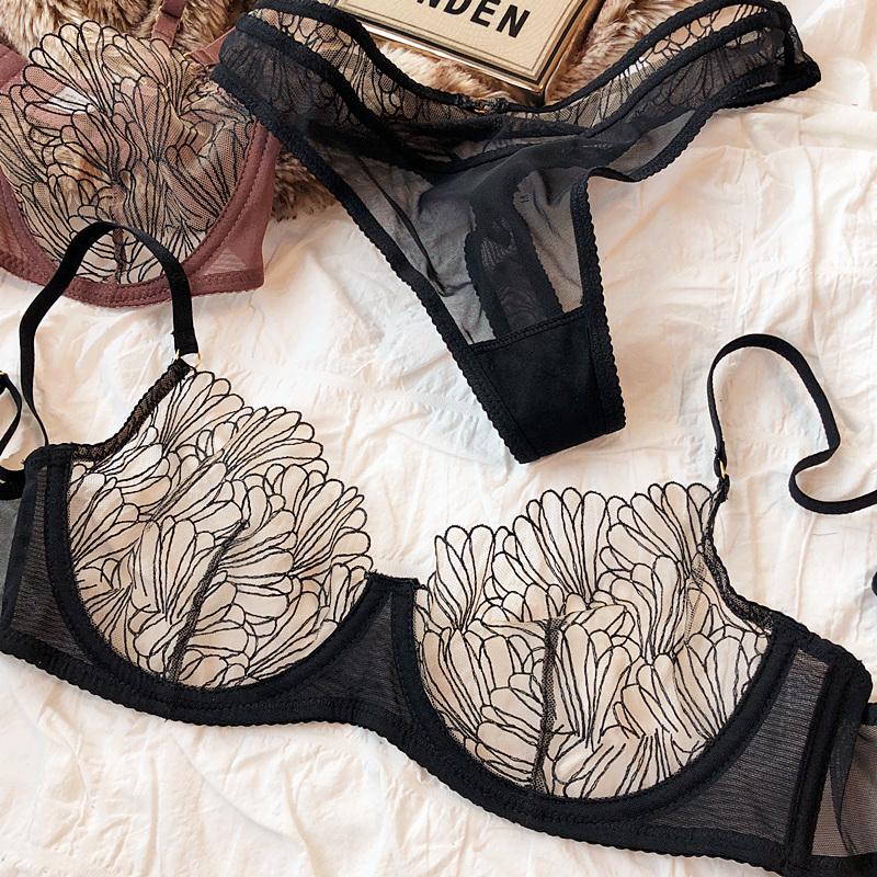Summer Lace Ultra Thin Women Underwear French High Quality Feather Push Up Bra Set Sexy Brassiere and Hollow Panties Sets Ladies
