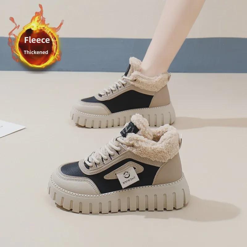 "Women's Plus Velvet High-Top Snow Boots, 2024 Winter, Korean Style, Warm Casual Thick-Soled Cotton Shoes"