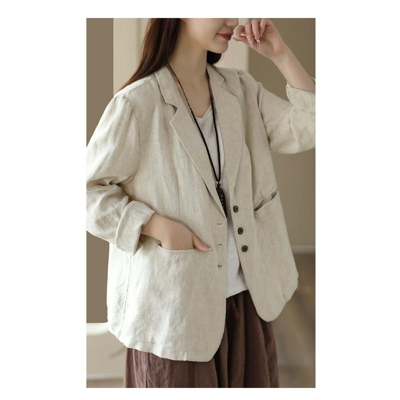 Women S Vintage Casual Blazer Jacket Turn Down Collar Cotton Linen