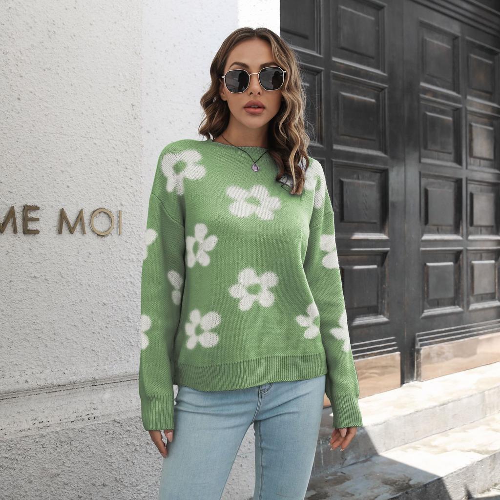 Women's Loose Sweater Autumn and Winter Long-sleeved Daisy Knit Sweater