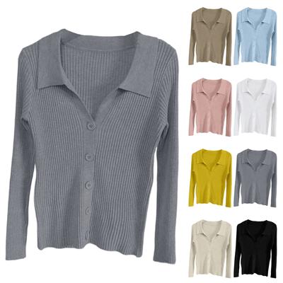 Damen Revers Slim Fit Gerippter Knopf Sexy V-Ausschnitt Gestrickter Cardigan Pullover