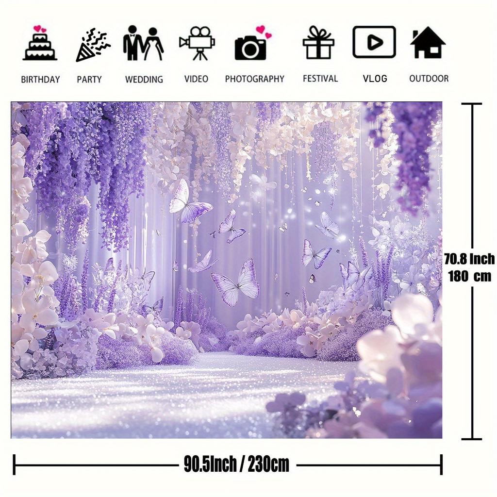 2D plan, 1 yellow garden background banner, lavender and purple wisteria design, elegant wedding, birthday party, photo
