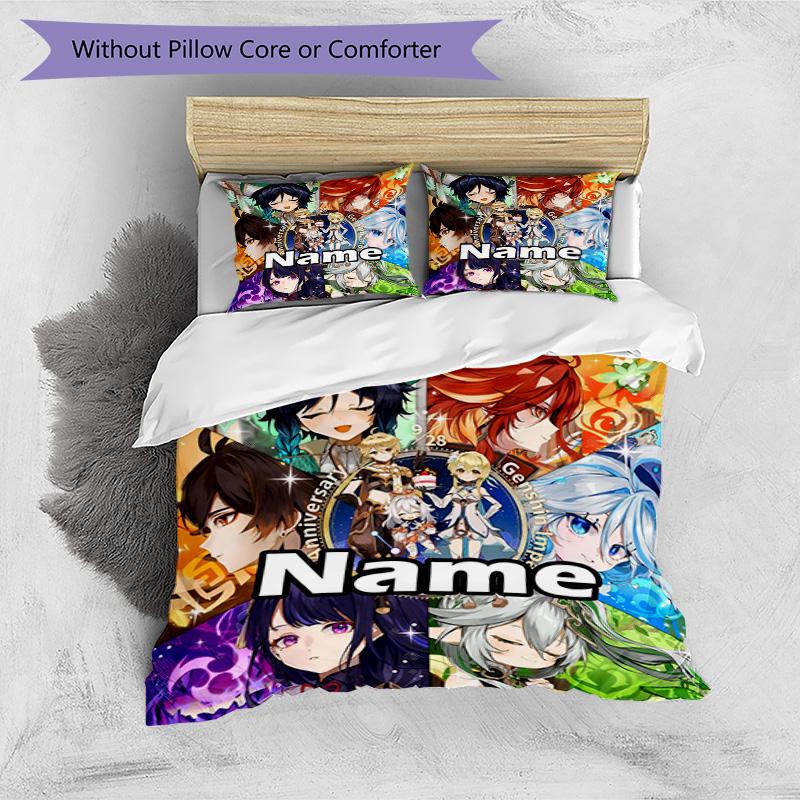 3pcs Duvet Cover Set (1*Duvet Cover + 2*Pillowcase, Without Core), Custom Name Genshin Impact Pattern Bedding Set, Home Bedroom Decor Gift