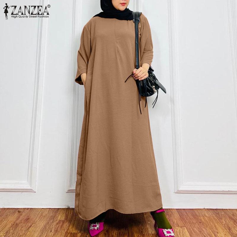 

ZANZEA Женское повседневное свободное длинное платье с круглым вырезом и рукавами девять четвертей