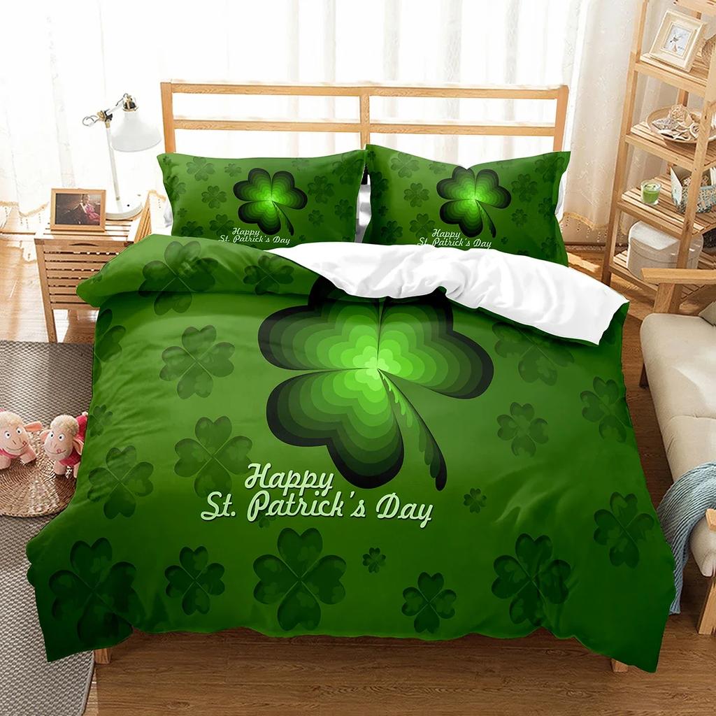 Happy St Patrick's Day Duvet Cover Set Plant Clover Bedding Set Green Lucky Leaf Quilt Cover Botanical Leaves Bedspread Cover