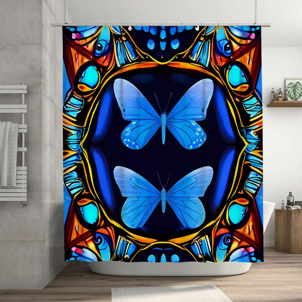 Blue Butterfly Shower Curtain 3D Printed Bathroom Decor Blue Floral Print Shower Curtain Waterproof Fabric Shower Curtains For H