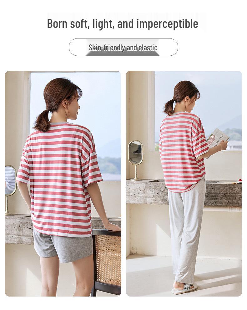 Women's Summer Three-Piece Modal Pajama Set with Bra Pads - Short Sleeve Top, Shorts, and Long Pants for Indoor/Outdoor Wear