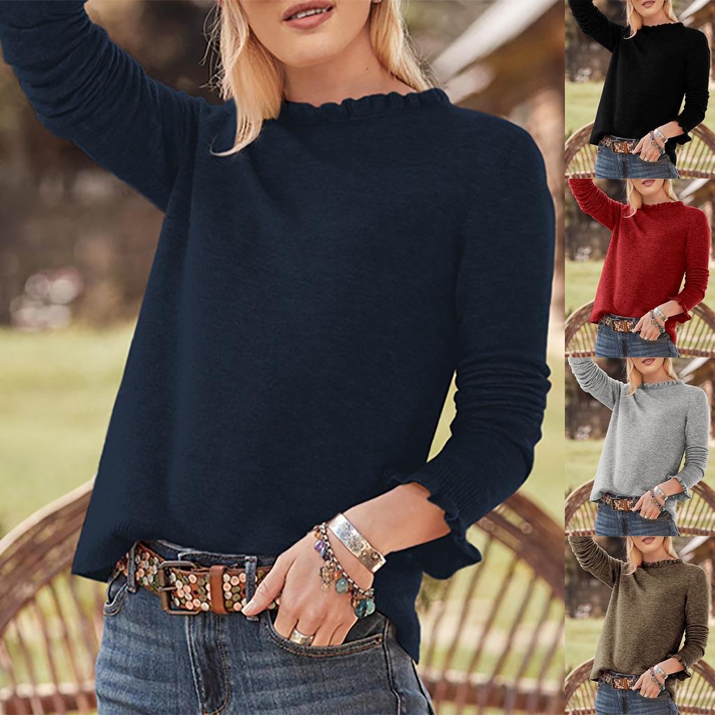 Women's Casual Color Ruffled Round Neck Loose Long-sleeved Woolen Top