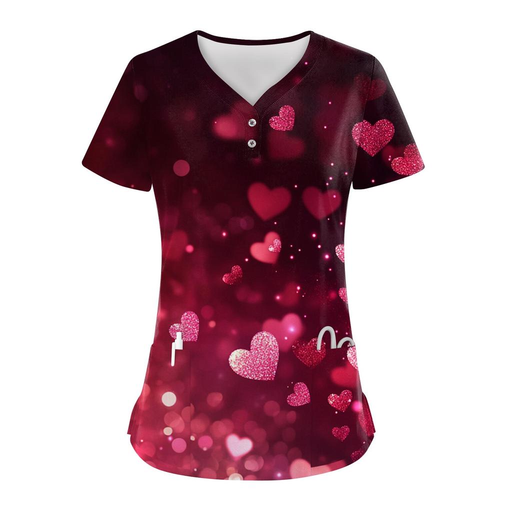 Damen-Oberteil mit Knopfleiste und V-Ausschnitt, modisch, lässig, mit Weihnachts- und Valentinstags-Print, Top für Krankenschwestern, Kasacks für Damen, 2 Taschen