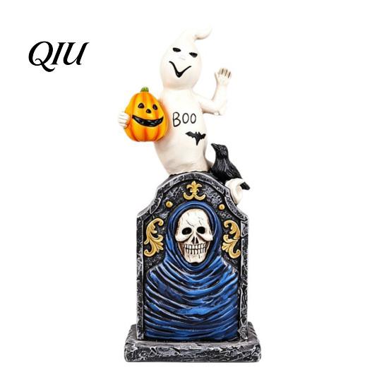 Pumpkin Crow Decor Halloween Tombstone Figurine, Resin Ghost on Dark Style Holiday Figurines Statue for Desktop Haunted House Party Collectible Horror