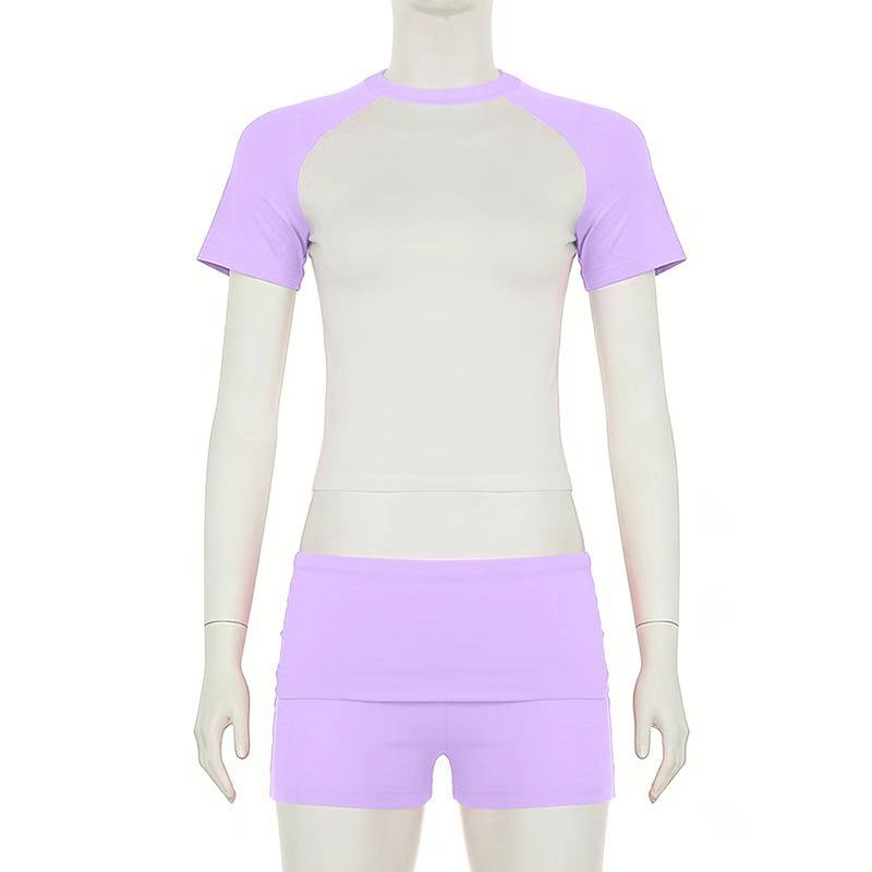 European-American Raglan Color-Block Sports Suit: Short-Sleeve Top, Solid Shorts & Headband