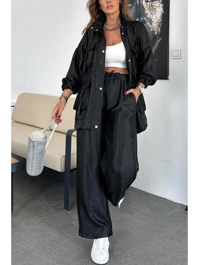 

Европейский и американский женский модный костюм-двойка: Брюки прямого кроя и куртка с длинным рукавом и 3D карманами 3035. XL чёрный