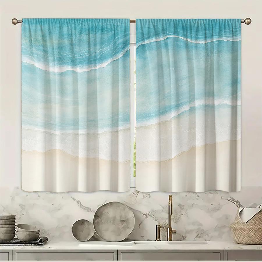 2PCS Digital Printed Curtains, Summer Ocean Wave Pattern, Coastal Beach Style for Living Room Bedroom Apartment Home Decor